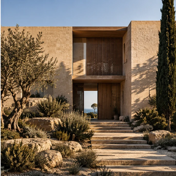 Original architectural visual of a limestone and timber home