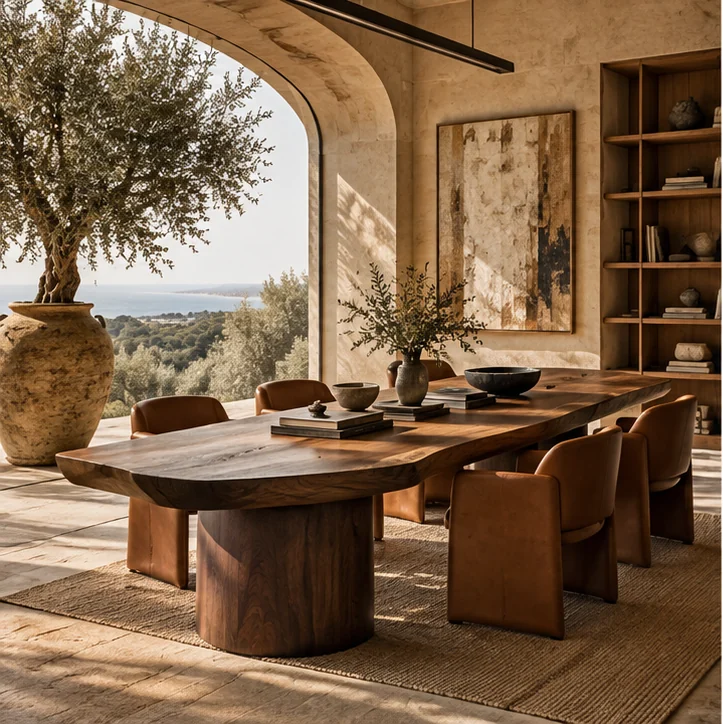 Original workspace visual with warm stone walls and a walnut communal table